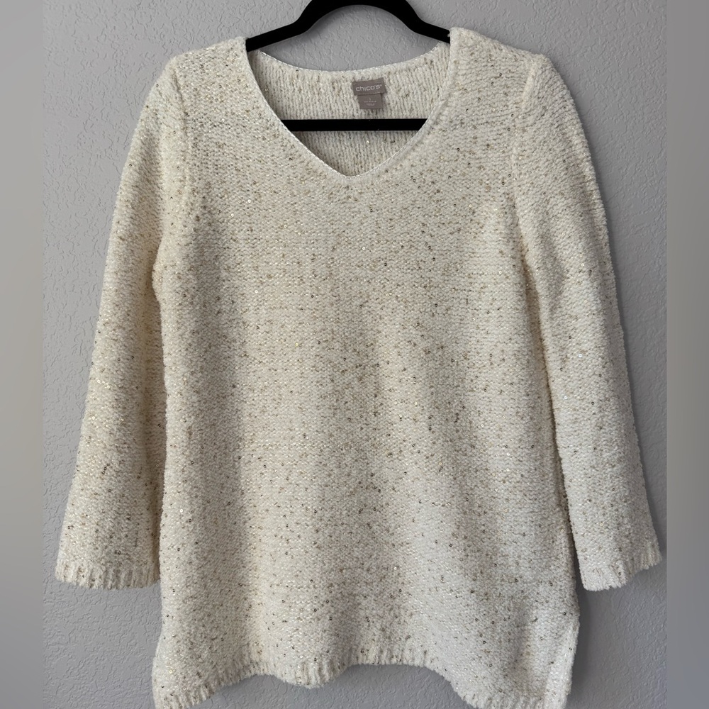 Chico’s Sweater Women Size 1 Medium White Sequin Knitted Pullover Holiday